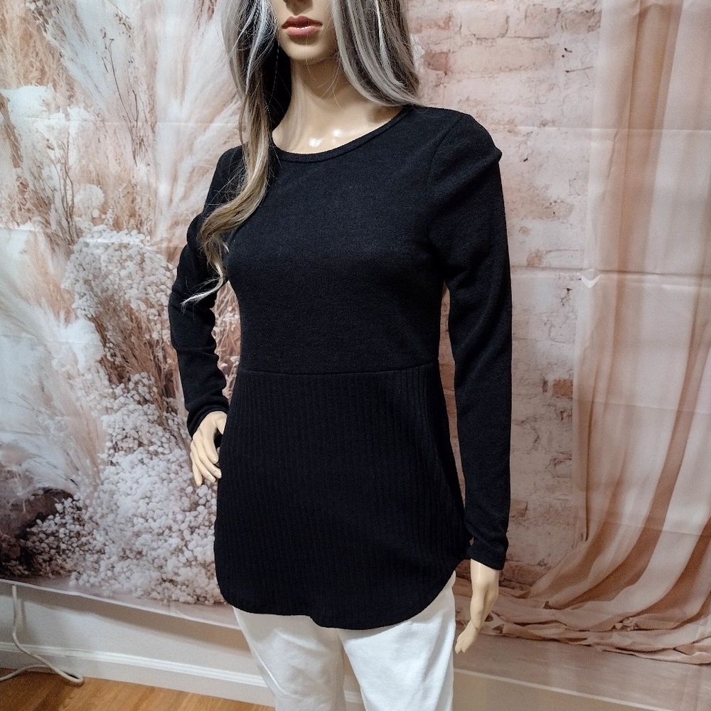Viamor Women's Black Long Sleeve Long Blouse Stretch Cozy Top